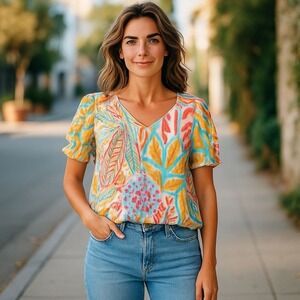 Christian Siriano Top Blouse Womens Small Floral Tropical V‎ Neck Hawaian NWT